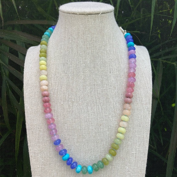 Rainbow Gemstone Necklace Handmade Silk Knotted Necklace